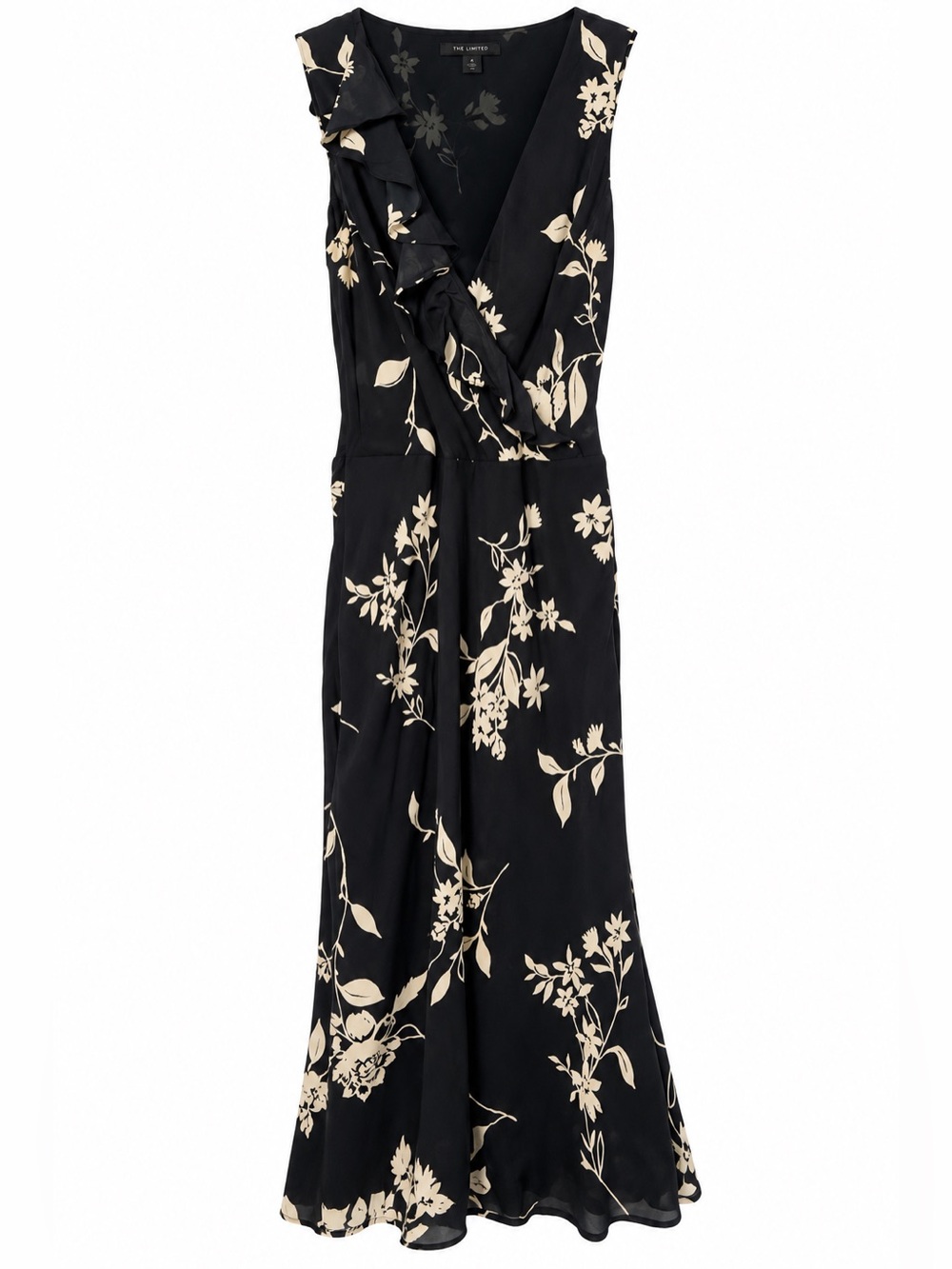 Vtg The Limited Silk Midi Dress 6 Black Cream Floral Ruffle Whimsigoth Fairycore